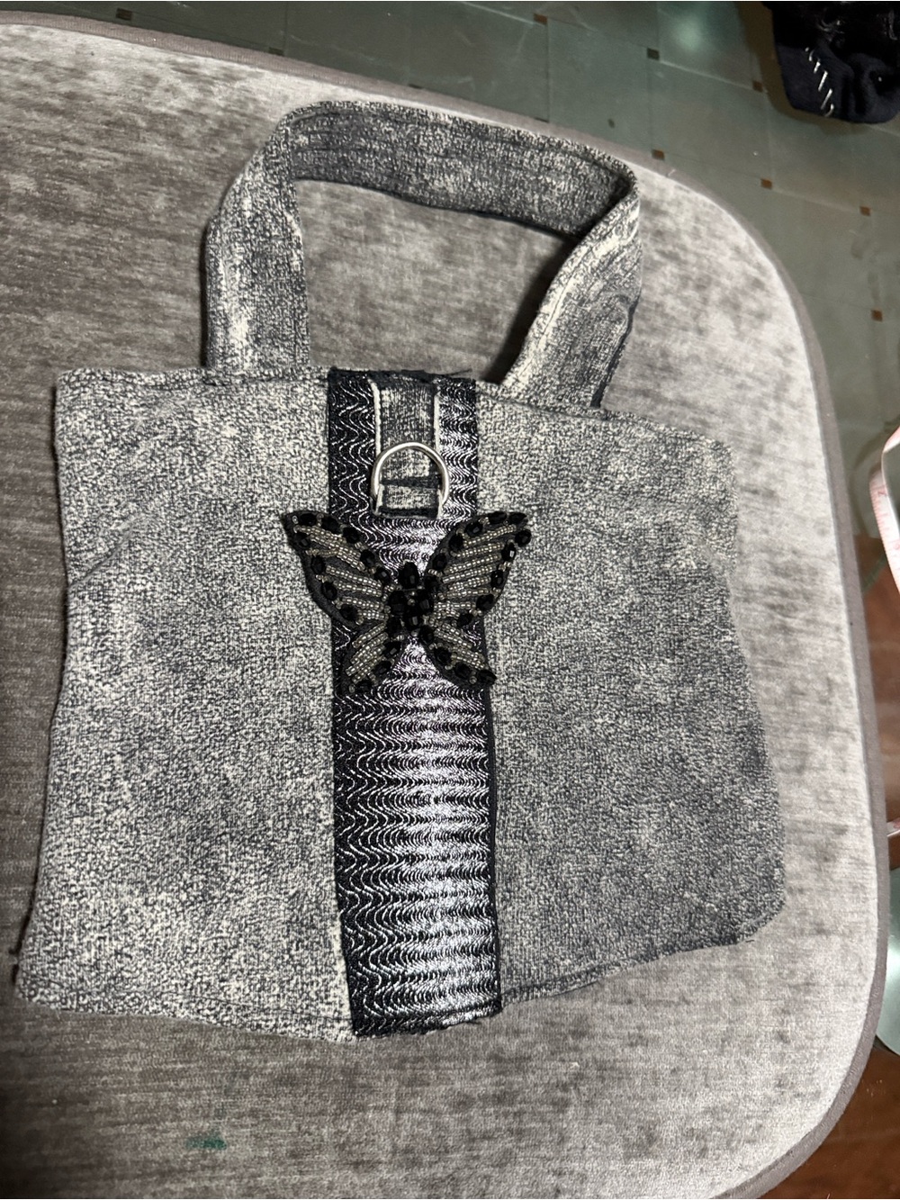 Gray Textured Dog dress.Very Strechy with Beaded Butterfly Accent